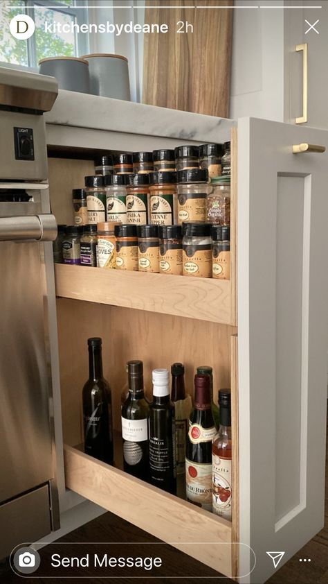 Spice Storage Cabinet, Seasoning Cabinet Organization, Narrow Cabinet Storage Kitchen, Unique Kitchen Features, Spice Storage Ideas Inside Cabinets, Lower Kitchen Cabinet Ideas, Spice Drawer Ideas, Seasoning Drawer, Kitchen Drawer Design