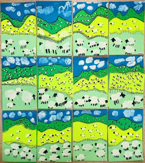 1st Grade LAMBscapes! Soooo stinkin’ cute!! 🐑🐑🐑 We learned how to create space using foreground, middleground, and background. You just kn… | Instagram Grade 5 Craft Ideas, Art Ideas Primary School, Spring Art Grade 1, Rodeo Art Elementary, Art Projects For 1st Grade, Art For Kindergarteners, Kinder Art Projects, Foreground Middleground Background Art, Grade 3 Art Projects