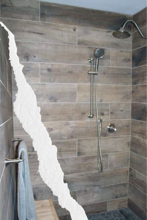 Vertical Wood Tile Shower Ideas, Plank Tile Shower Wall, Wood Looking Tile Shower Ideas, Natural Shower Tile, Wood Look Tile Shower Walls, Rustic Tile Shower Ideas, Wood Tile Shower Ideas, Bathroom Shower Tile Ideas, Shower Tile Combinations