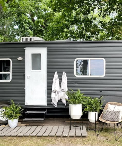 Old Travel Trailer Remodel, How To Paint Outside Of Camper, Painting A Camper Exterior Glamping, Camper Exterior Siding Ideas, Painting The Outside Of A Camper, Camper Converted To Tiny House, Painted Trailer Exterior, Coachmen Camper Remodel, Painting Outside Of Camper