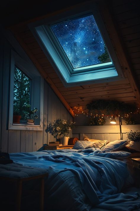 Contemporary Bedrooms with Skylight Views of the Night Sky Skylight Bedroom, Skylight Room, Small Attic Bedroom, Contemporary Bedrooms, Light Blue Walls, Beautiful Night Sky, Small Attic, Tiny House Loft, Light Hardwood Floors