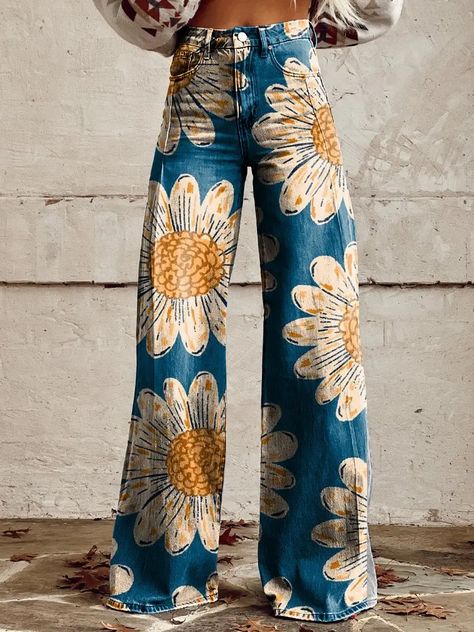 Fashionable women's wide leg pants with sunflower flower design for daily shopping and casual men's Homecoming Overalls, Mens Wide Leg Pants, Denim Decor, Womens Wide Leg Pants, Casual Wide Leg Pants, Casual Denim, Fall Outfits Women, Goa, Upcycle Clothes