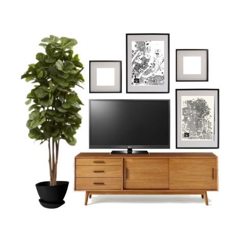 Mirror On Tv Wall, Decor By Tv Stand, Off Center Tv Gallery Wall, Tv Wall With Artwork, Picture Gallery Around Tv, West Elm Tv Stand, West Elm Tv Console, Plant Beside Tv, Pictures Over Tv Wall