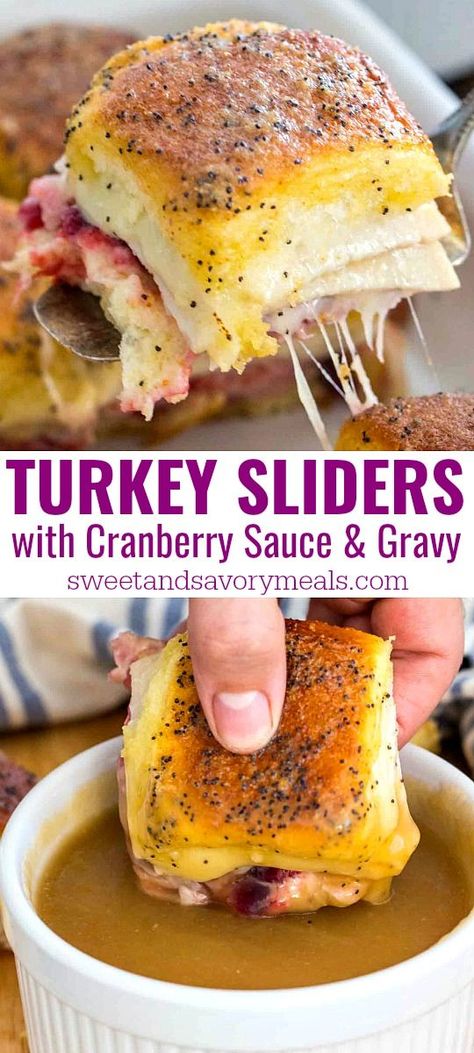 Cheesy Turkey Sliders are ready in just 30 minutes. Loaded with white turkey meat, cranberry sauce and cheese. Serve with gravy for dipping. #ad #countoncor #turkey #turkeyrecipes #thanksgivingrecipes #sliders #partyfood #sweetandsavorymeals Cheesy Turkey, Turkey Gravy From Drippings, Keto Turkey, Turkey Sliders, Savory Meals, Meat Appetizers, Turkey Meat, Turkey Gravy, Easy Cheesy