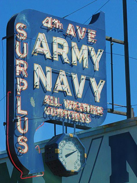 4th Ave. Army Navy ~Via Arcangelo Giovanni Corelli Army Wood Signs, 1980s Us Army, Army Navy Store, Navy Army, Military Signs, Retro Signs, Retro Neon, American Denim, Army Surplus