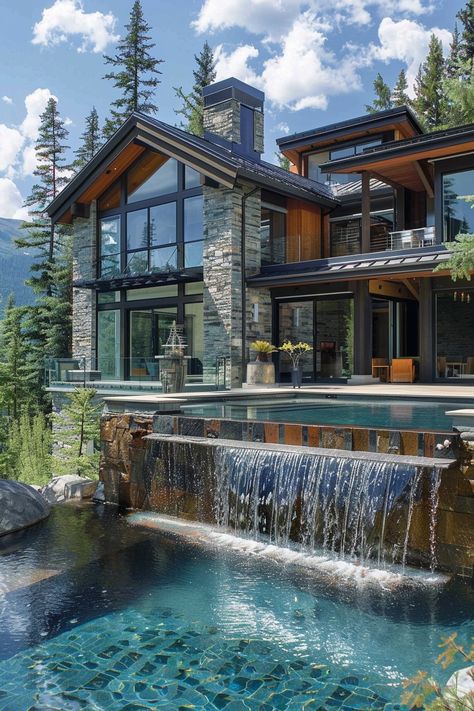 40 Amazing Mountain Houses with Pools Utah Houses, Houses With Pools, House Pools, Modern Mountain Home Exterior, Big Houses Exterior, Modern Mountain House Plans, Mountain Mansion, Mountain House Design, Modern Mountain House