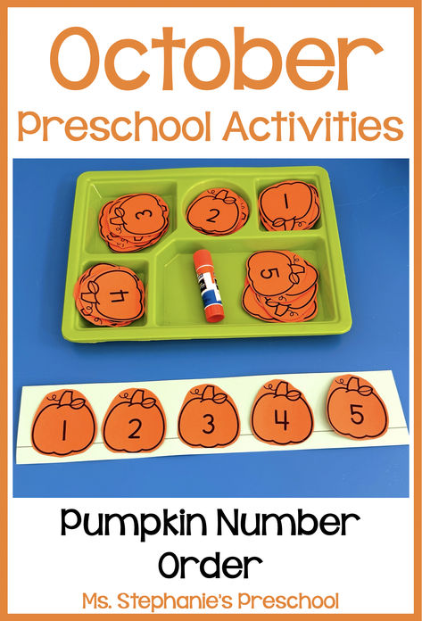 October Preschool Activities - Pumpkin Number Order Spooky Week Preschool, Preschool Math Halloween Activities, Fall Math Games For Preschoolers, Halloween Preschool Circle Time Activities, Pumpkins And Scarecrows Preschool, Fall Math For Preschool, Halloween Fine Motor Activity Preschool, Active Me Preschool Activities, Counting Halloween Activity