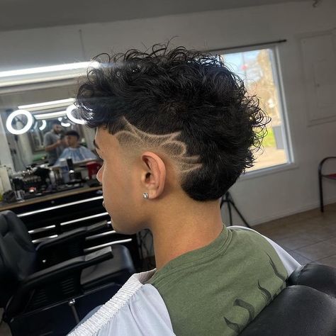 Mullet Hair Designs Men, Curly Hair Men Haircut Design, Burst Design Haircut, Mullet Fade Design, Taper Fade With Design On Side, Burst Fade Designs Ideas, Taper Fade With Letter Design, Burst Fade Mullet Design, Side Design Haircut Men