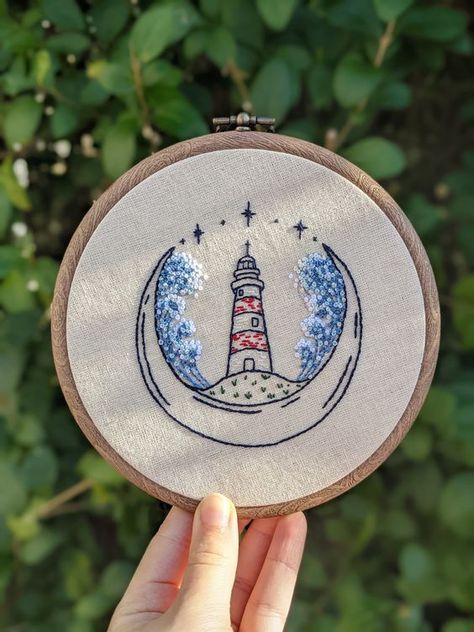 Lighthouse Moon Stars Embroidery Pattern digital PDF guide beginner easy waves ocean hand embroidery Lighthouse Embroidery Pattern, Embroidery Ocean Patterns, Sea Embroidery Ideas, Ocean Embroidery Patterns, Space Embroidery Pattern, Colour Descriptions, Easy Embroidery For Beginners, Lighthouse Embroidery, Embroidery Ocean