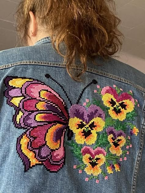 Jean Jacket Cross Stitch, Cross Stitch On Jean Jacket, Cross Stitch On Jeans, Cross Stitch Jacket, Cross Stitch Necklace, Butterfly Cross Stitch Pattern, Cat Cross Stitches, Cross Stitch Collection, Butterfly Cross Stitch