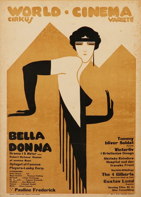 ein-bleistift-und-radiergummi: “ Sven Brasch. Poster Design/Filmplakat 'Bella Donna' 1918. (Source: lauritz.com) ” 1920s Poster, World Cinema, Collage Foto, Old Movie, Art Deco Illustration, Art Deco Poster, Deco Poster, Art Deco Posters, Poster Retro