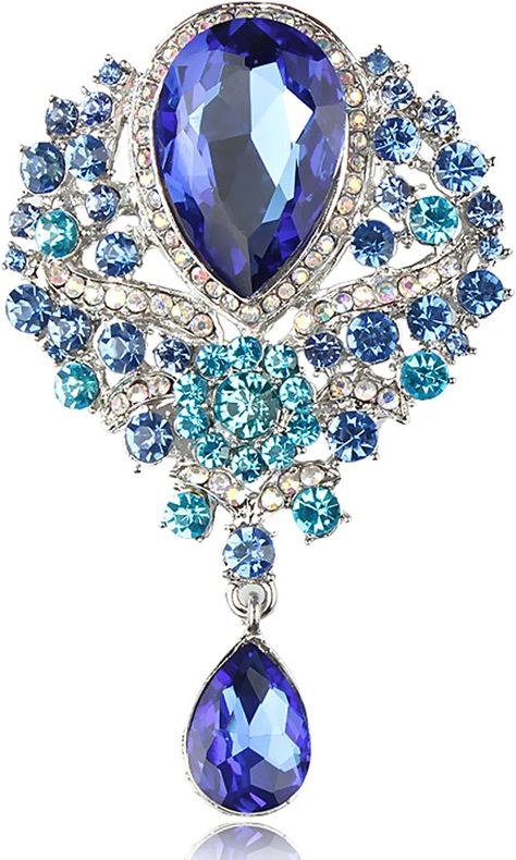 Amazon.com: Gyn&Joy Women's Vintage Style Austrian Crystal Flower Teardrop Lake Blue Gorgeous Brooch Pin BZ061 : Clothing, Shoes & Jewelry Wedding Brooch Bouquets Diy, Rhinestone Scarf, Rhinestone Bouquet, Men's Brooch, British Wedding, Wedding Brooch, Large Crystal, Gold Brooches, Crystal Brooch