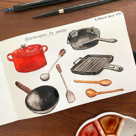 Pan Illustration, Pan Drawing, 2024 Tattoo, Kitchen Gear, Watercolor Art Lessons, Illustrators On Instagram, Le Creuset, Freelance Illustrator, Kitchen Art