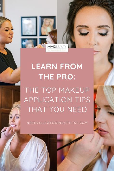 Collage of brides getting their makeup done. Proper Make Up Steps, Diy Makeup For Wedding Guest, How To Make Your Makeup Look Professional, How To Apply A Full Face Of Makeup, How To Do Own Wedding Makeup, Wedding Makeup Tips Diy, How To Put On Makeup Like A Professional, How To Do Makeup On Other People, Makeup Advice Tips