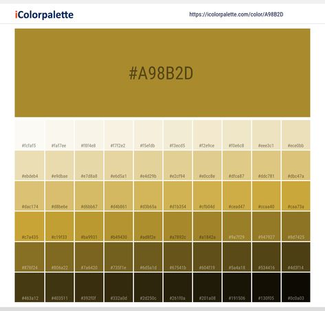 Color space information  #a98b2d |  Pantone 16-0847 Tcx Olive Oil. Similar Pantone Color name Information, Color Schemes, Light / Darkshades, Tones, Similar Colors , Preview the color and download Photoshop swatch and solid color background image Gold Color Hex, Pantone Color Book, Space Information, Pantone Color Chart, Rgb Color Codes, Hexadecimal Color, Hex Color, Beige Color Palette, Pantone Colour Palettes