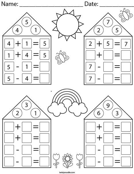 Addition/Subtraction Fact Family Houses Math Worksheet - Twisty Noodle Fact Families Kindergarten, Addition Facts Worksheets, Fact Families Addition And Subtraction, Fact Family Activities 1st Grade, Fact Family Activities, Fact Families First Grade, Math Grade 1, Fact Families Activities, Subtraction Facts Worksheet