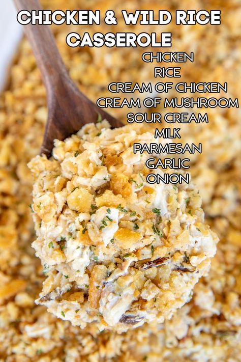 Chicken & Wild Rice Casserole – finally a meal the whole family enjoyed! Chicken, rice, cream of chicken soup, cream of mushroom soup, sour cream, milk, parmesan cheese, garlic powder, onion powder. Top with crushed Ritz crackers and bake. Can make in advance and refrigerate or freeze for later. SO good! Use a rotisserie chicken for quick prep! Parmesan Chicken Casserole, Chicken Wild Rice Casserole, Chicken Wild Rice, Herb Soup, Creamy Chicken Casserole, Wild Rice Casserole, Chicken Casserole Easy, Chicken Parmesan Casserole, Main Dish Casseroles