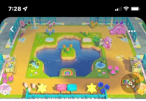 Acnh Rainbow Stall, Cute Pond Ideas Animal Crossing, Acnh Kidcore Campsite, Animal Crossing Build Ideas Kidcore, Kidcore Ideas Acnh, Acnh Kidcore Villagers, Acnh Space Fillers Kidcore, Star Pond Acnh, Kidcore Animal Crossing Builds