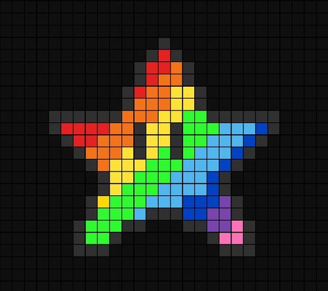 A pixel art template of the rainbow Star from Mario Kart. The star (in game) allows you to have temporary invincibility. Mario Kart Pixel Art, Papercraft Minecraft Skin, Pixel Art Pokemon, Pixel Color, Pixel Beads, Diy Kandi, Cool Pixel Art, Pixel Art Templates, Pixel Art Grid