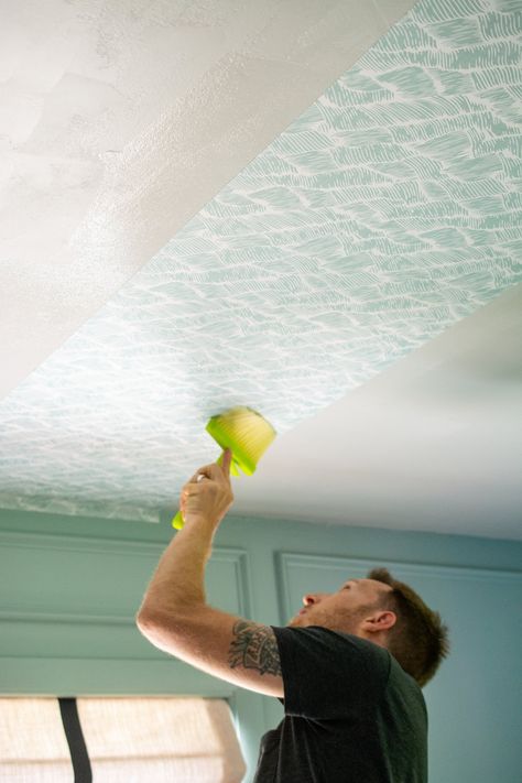 How to install wallpaper to a ceiling — Hausmatter How To Wallpaper A Ceiling, Clare Paint, Installing Light Fixture, Ceiling Paper, Install Wallpaper, Wallpaper Adhesive, Picture Molding, Aqua Wallpaper, Wallpaper Ceiling