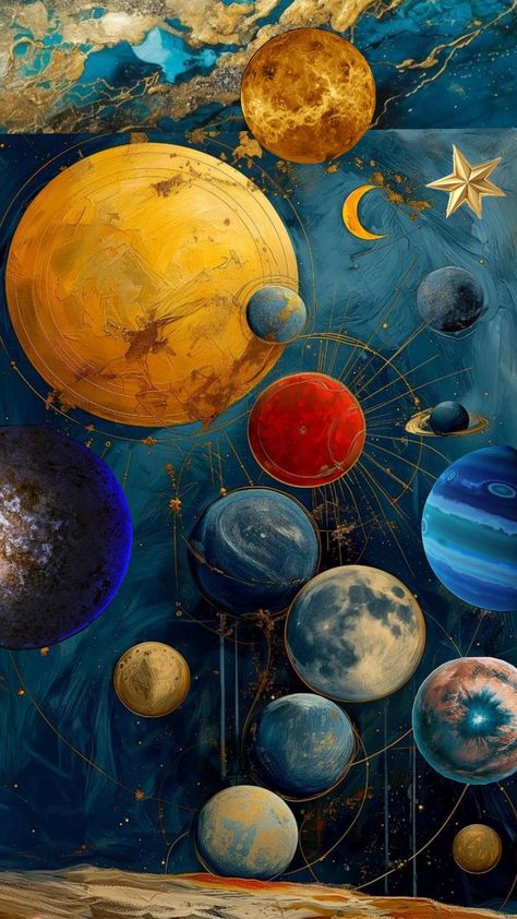 Astronomical Painting, Art Deco Tarot, Solar System Aesthetic, Aesthetic Planets, Solar System Drawing, Cosmic Art Universe, Solar System Painting, Tarot Arcana, Ethereal Watercolor