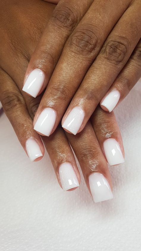 Milky white polygel nails, short and square. On dark skin Short Gel Nails Milky White, Milky White Natural Nails, Pink And White Polygel Nails, Short Square Milky White Nails, Mail Ideas Short Square, Milky White Nails Short Square, Milky White Nails Acrylic Short, Short Nails Polygel, Square Polygel Nails