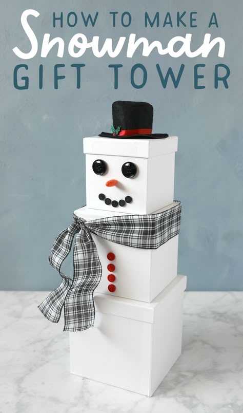 The best part of this darling snowman gift tower is that you can use it over and over again every year! The boxes nest inside of each other. Such a cute Christmas gift wrapping idea. Snowman Boxes Stackable Diy, Snowman Gift Tower Cute Ideas, Snowman Boxes Christmas, Snowman Wrapping Ideas, Snowman Presents Tower, Snowman Gift Tower, Cute Christmas Gift Wrapping, Holiday Wrapping Ideas, Creative Christmas Gift Wrapping