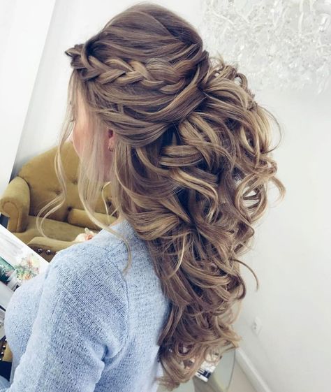 Curly Half Updo With A Braid And Bouffant Half Updo Hairstyles, Wedding Hair Ideas, Long Hair Wedding Styles, Wedding Hair Styles, Half Updo, Wedding Hair Inspiration, Wedding Hair Down, Wedding Hair Makeup, Wedding Hairstyles For Long Hair