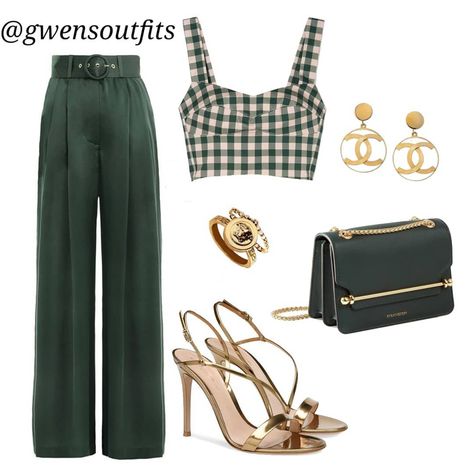 Green And Gold Outfit Ideas, Green Gold Outfit, Green And Gold Outfit, 9to5chic Outfits, Golden Sandals, Versace Ring, Formal Chic, La Outfits, Elegant Outfit Classy