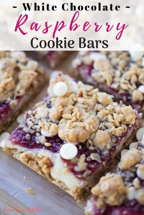 White Chocolate and Raspberry Cookie Bars | thecarefreekitchen Fancy Bars, Raspberry Cookie Bars, Summertime Desserts, Raspberry Cookie, Petite Fours, Bars With Cream Cheese, Raspberry Oatmeal, Oatmeal Cookie Bars, Raspberry Bars