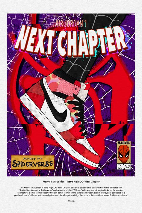 Poster design based on the collab between Marvel and Nike based on the movie Spiderman: Across the spiderverse Marvel Poster Design, Spiderman Graphic Design, Spiderman Into The Spiderverse Drawing, Jordans Poster, Spiderverse Design, Nike Poster Design, Jordan 1 Poster, Spiderverse Poster, Sneakers Poster