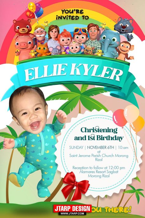 The post Ellie Christening and Birthday Cocomelon Invitation Design appeared first on JTarp Design. 1st Birthday Template, Cocomelon Theme Invitation Card, Cocomelon Tarpaulin Template, Christening And Birthday Invitation, Cocomelon Invitation Template Editable, Cocomelon Invitation Template, Cocomelon Invitation, Invitation Design Birthday, Birthday Tarpaulin Design