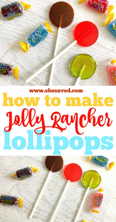 All you need is a bag of Jolly Rancher candy and a microwave and you can make these fun homemade suckers! Learn how to make Jolly Rancher lollipops quick and easy - a fun DIY candy recipe for tweens and teens - no baking involved except for the microwave. This homemade sucker recipe is perfect for birthday parties, bake sales and more! Infused Jolly Rancher, Jolly Rancher Suckers Diy, Jolly Rancher Suckers How To Make, How To Make Candy Kabobs Diy, How To Make Jolly Ranchers, How To Make Suckers Homemade Lollipops, How To Melt Jolly Ranchers, Homemade Suckers Recipes, Candy Selling Ideas