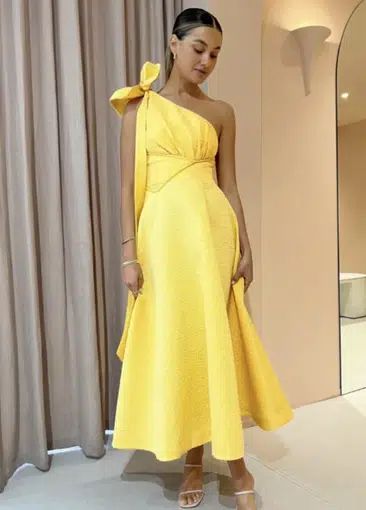 Rachel Gilbert Emiliano Dress In Lemon Drop Size AU 10 Going Out Style, Wedding Dress Code, Clothing Rental, Dress Hire, Rachel Gilbert, Bridal Attire, One Shoulder Gown, Grad Dresses, Lemon Drop