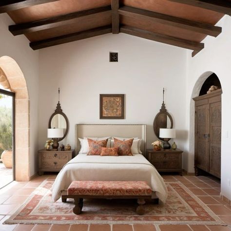 Spanish Style Interior Design Bedroom, California Spanish Style Homes Master Bedrooms, Andalucian House Interior, Spanish Farmhouse Bedroom, Spanish Traditional House, Spanish Style Bedrooms, Spanish Bedroom Design, Spanish Style Bedroom Master Suite, Spanish Bedroom Ideas