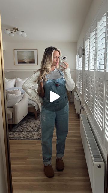 Elanna McGowan on Instagram: "I mean overalls are a must when pregnant! Why did it take me till baby #3 to get a pair 🫣🤪🤰🏼. Overalls @vinted, Cropped Sweater (old @hm), @ugg Tasmans and Bag @coccinelleofficial  #36weeks #ootd #ellepearls" Pregnant Overalls Outfit, Overalls Pregnant, Maternity Overalls Outfit, Ugg Tasmans, Maternity Overalls, 36 Weeks, Overalls Outfit, Maternity Outfits, Pregnancy Outfits