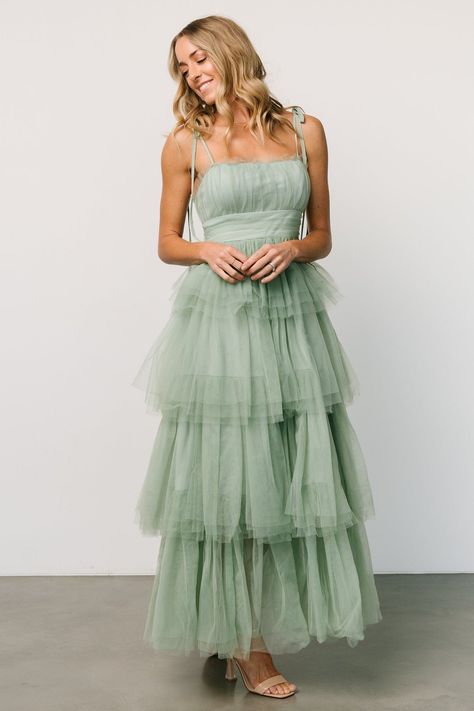 Alora Tulle Tiered Maxi Dress | Sage Green - Baltic Born Whimsical Green Bridesmaid Dresses, Floor Length Green Dress, Green Garden Party Dress, Ruffled Bridesmaid Dresses, Mother In Law Dresses For Wedding, Fairytale Bridesmaid Dresses, Garden Wedding Guest Dress, Garden Wedding Guest, Fantasy Dinner