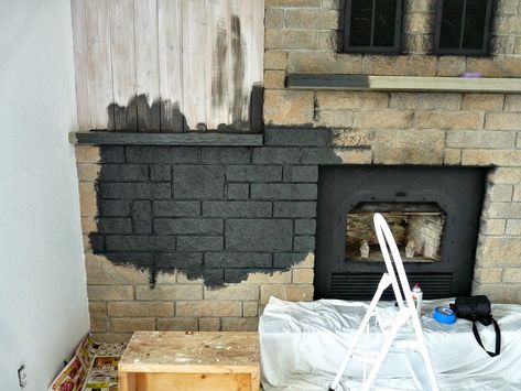 How to Easily Paint a Stone Fireplace (Charcoal Grey Fireplace Makeover) Paint A Stone Fireplace, Painted Stone Fireplace, Grey Stone Fireplace, Stone Fireplace Makeover, Grey Fireplace, Sandstone Fireplace, Stacked Stone Fireplaces, White Mantel, Diy Fireplace Makeover