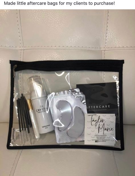 Lash Room Accessories, Lash Tech Work Outfit, Esthetician Gift Bag Ideas, Lash Tech Gift Bags, Lash Extension Goodie Bag Ideas, Lash Bags For Clients, After Care Lash Kits, Lash Client Gifts, Lash Tech Goodie Bags