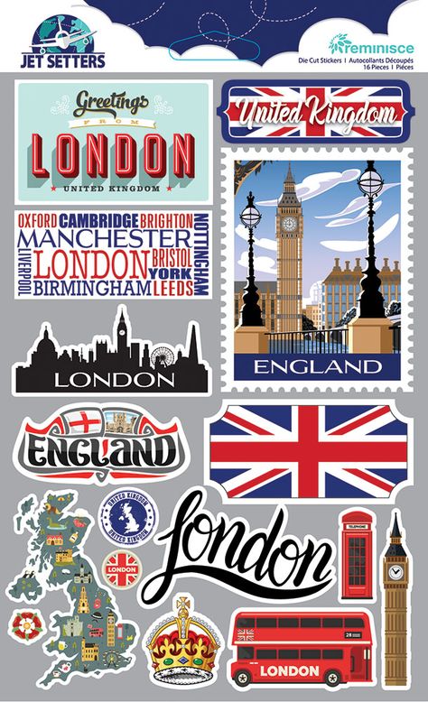 Bring a touch of London charm to your crafts with the Reminisce Jetsetters Collection 3 Dimensional Die Cut Stickers. This pack of stickers is perfect for adding a pop of personality to your scrapbooking, card making, or any other creative projects. Featuring iconic images of London such as the Big Ben, a double-decker bus, and a classic red phone booth, these three-dimensional stickers will transport you to the bustling streets of the United Kingdom. The intricate die-cut design adds depth and London Stickers Aesthetic, New York Stickers Printable, England Crafts, Uk Stickers, London Stickers, London Scrapbook, London Images, Red Phone Booth, London Theme