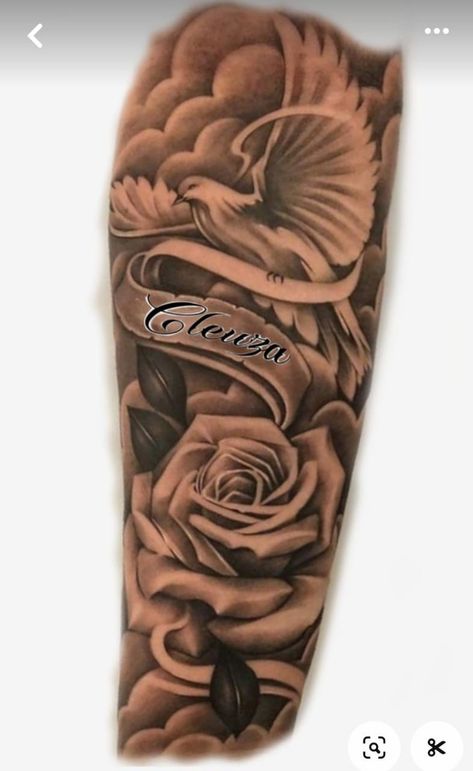 Roses And Doves Tattoo Sleeve, Dove Arm Tattoo Men, Roses Memorial Tattoo, Dove Tattoo Men Sleeve, Rose Cloud Tattoo, Forearm Flower Tattoo Men, Roses And Doves Tattoo, Memorial Sleeve Tattoos, Bird Rose Tattoo