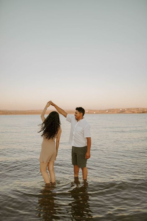 lake | couple | photoshoot | golden hour | couples photoshoot | sunset | couple poses in water Poses In Water, Couples Photoshoot Sunset, Lake Couple Photoshoot, Dock Photoshoot, Water Engagement Photos, Photoshoot Golden Hour, Lake Couple, Ring Pic, Lake Pics