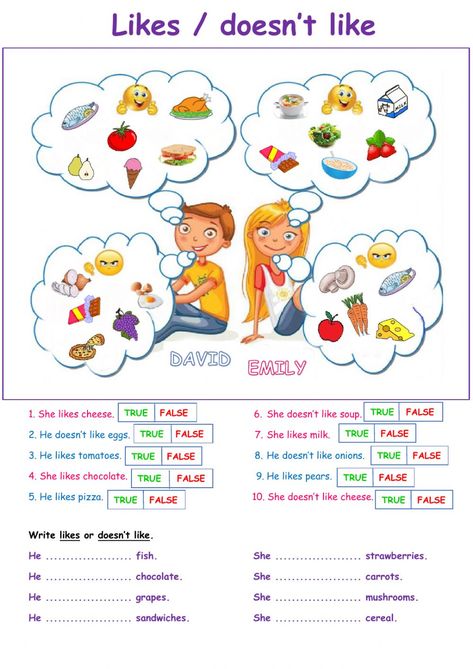 Likes - doesn't likes - Interactive worksheet Like Dislike Worksheets, I Like I Don't Like Worksheets For Kids, Like Likes Worksheet, Like Don't Like Worksheet, Ingles Kids, Teach English To Kids, Kindergarten Phonics Worksheets, Grammar For Kids, English Activities For Kids