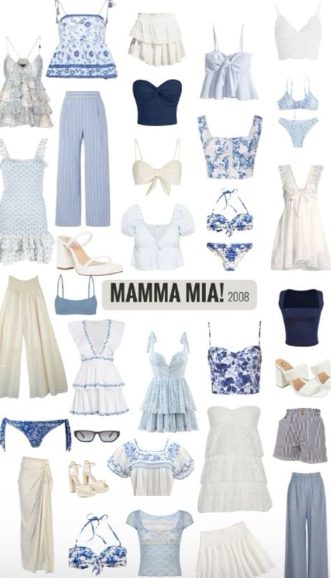 Mamma Mia Wardrobe, Mamma Mia Core Outfits, Mamma Mia Outfit Aesthetic, Mamma Mia Clothes Style, Mama Mia Fits, Mama Mia Summer Outfits, Costal Girl Outfit, Coastal Outfit Ideas, White And Blue Outfits For Women