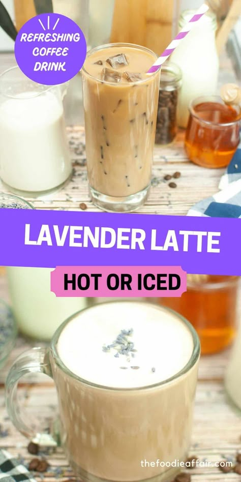 Iced Latte At Home, Lavender Latte Recipe, Lavender Dessert, Honey Latte, Lavender Drink, Lavender Coffee, Coffee Lattes, Lavender Latte, Vegan Drinks Recipes