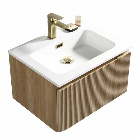 Florence Fluted Wall Mounted Vanity Unit With Washbasin - Country Oak |  Deluxe Bathrooms & Tiling Solutions UK Vanity Units Uk, Fluted Panelling, Fluted Wall, Drawer Vanity, Oak Bathroom, Bathroom Installation, Mounted Vanity, Natural Aesthetic, Integrated Handles