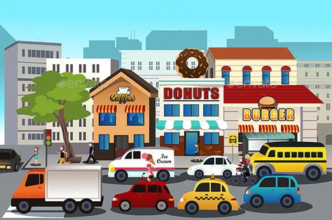 Busy City City In The Morning, Morning Illustration, Preschool Poems, Farm Animals Preschool, Transport Illustration, Illustration Of People, House Clipart, City Cartoon, Picture Description