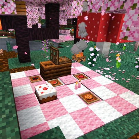 Mailbox Minecraft Ideas, Cutecore Minecraft Builds, Cute Aesthetic Minecraft Builds, Minecraft Picnic Ideas, Minecraft Pink House Ideas, Minecraft Pink Bedroom, Cute Minecraft Decorations, Minecraft Romantic Ideas, Minecraft Astethic