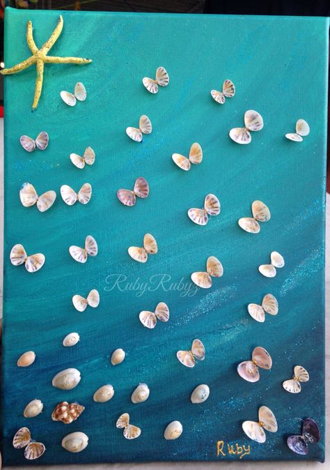 Butterfly sea shells and star fish painting Star Fish Painting, Butterfly Shell Art, Painting Sea Shells, Seashell Display, Seashell Art Diy, Sea Shells Diy, Painting Butterfly, Seashell Wall Art, Seashell Projects