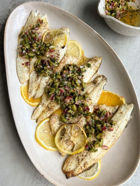 Branzino with Citrus Olive Salsa - Something Nutritious Olive Salsa, Fresh Salad, Grilled Veggies, Fresh Salads, Gourmet Food, Trader Joes, Fish Recipes, Aesthetic Food, Seafood Recipes